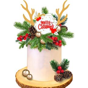 Christmas Cake Topper Deer Elk Cake Decorations with Pine Tree Pine Cones Golden Ball for Xmas Winter Holiday Cake Decor Christmas Theme Party Supplies (Style 1)
