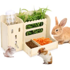 Rabbit Hay Feeder, 4 in 1 Rabbit Feeder with Litter Box, Bowls and Water Bottle, Bunny Hay Holder Toilet for Rabbit s, Guinea Pig, Hamster, Hedgehog, Chinchillas