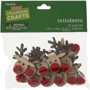 Woodgrain Red Pom Nosed Reindeer Christmas Embellishments - 12 Pieces