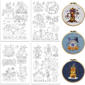 Water Soluble Embroidery Patterns for Beginners Halloween Trees and Castle 4 Sheets with 33 Patterns, Wash Away Embroidery Pattern Stabilizer for Hand Sewing Lover Women Adults