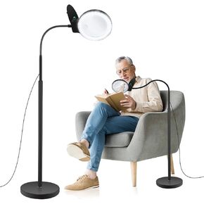 10X 20X Magnifying Glass with Light and Stand, 36 LED Dimmable Floor Magnifying Lamp, 3-in-1 Adjustable Gooseneck Lighted Magnifier for Reading, Sewing, Crafts, Close Work etc