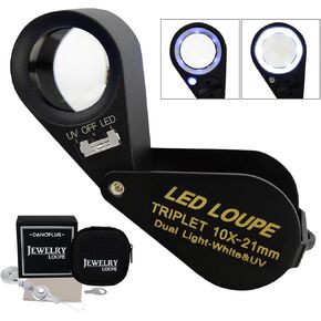 10x Magnifier Jewelry Loupe LED UV 21mm Triplet Lens Optical Glass Pocket Gem Magnifying Tool Jeweler, Stamp Philatelist, Coin Numismatic