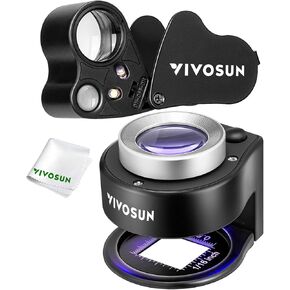 VIVOSUN 2-Pack Jewelry Loupe, 30X and 60X Foldable Magnifier UV/LED Lights, Desktop Loupe with LED & UV Lights for Jewelry, Gems, Watches, Coins, and Stamps, Black