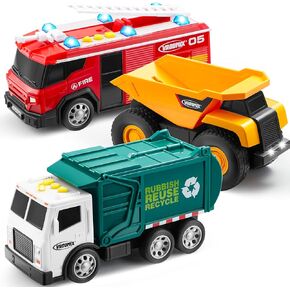 3-Pack Emergency Vehicle Toy Set – Friction Powered Garbage Truck, Fire Truck, and Construction Vehicle with Lights and Sounds – Educational Toy Set for Boys, Xmas Ideal Gift for Kids Toddler