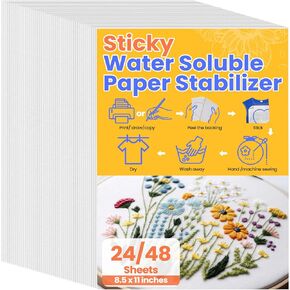 Mindsoft 24 Pcs 8.5"x11" Sticky Water Soluble Embroidery Stabilizer Stick and Stitch Embroidery Paper Printable Wash Away Paper Stabilizer for Print or Draw Patterns Hand Machine Embroidery