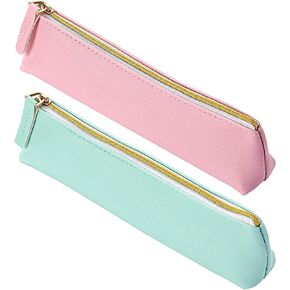 Vin Beauty 2 Pcs Leather Pencil Pouch, Slim Design Small Pencil Pouch Pencil Bag Zipper Pencil Case Bag Stationery Pouch Bag for Pens, Pencils, Markers(Black&Beige)