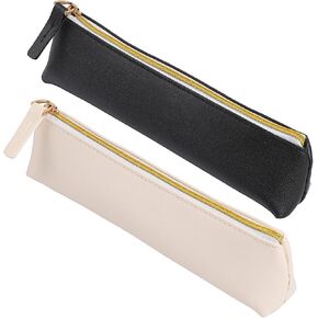 Vin Beauty 2 Pcs Leather Pencil Pouch, Slim Design Small Pencil Pouch Pencil Bag Zipper Pencil Case Bag Stationery Pouch Bag for Pens, Pencils, Markers(Black&Beige) in Kuwait