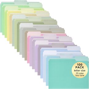 100pcs File Folders, Letter Size, 20 Color Assorted Two-Tone, Pastel, Manilla folders 8.5 x 11, folders for documents, Colored folders, 3 Tab Position,Filing Cabinet, carpetas para documentos, Paper
