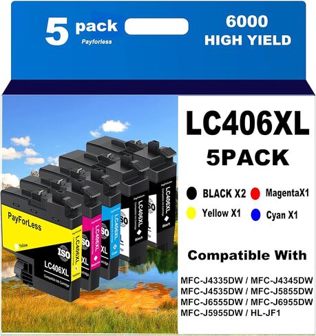 خراطيش حبر LC406XL متوافقة مع Brother LC406XL LC406 لأخيه MFC-J4335DW MFC-J4535DW MFC-J5855DW MFC-J6555DW MFC-J6955DW طابعة 5 عبوات (2 أسود سماوي أرجواني أصفر) in Kuwait