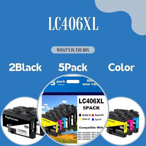 خراطيش حبر LC406XL متوافقة مع Brother LC406XL LC406 لأخيه MFC-J4335DW MFC-J4535DW MFC-J5855DW MFC-J6555DW MFC-J6955DW طابعة 5 عبوات (2 أسود سماوي أرجواني أصفر) in Kuwait