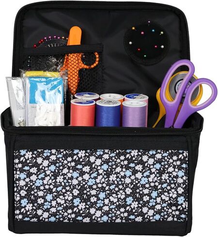 صندوق تنظيم أدوات الخياطة من إيفريثينج ماري، زهور زرقاء - سلة تخزين اللوازم والإكسسوارات - تنظيم الخيوط والإبر والأفكار والمقص - علبة يدوية محمولة in Kuwait