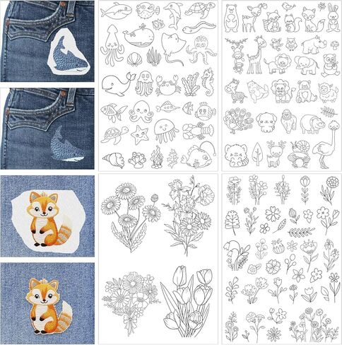 Stick & Stitch Embroidery Transfer Paper - 4 Sheet Water Soluble Stabilizer for Embroidery, Embroidery Paper Wash Away, Butterfly Flower Woodland Under The Sea Animal Design, Hand Sewing Crafts in Saudi Arabia