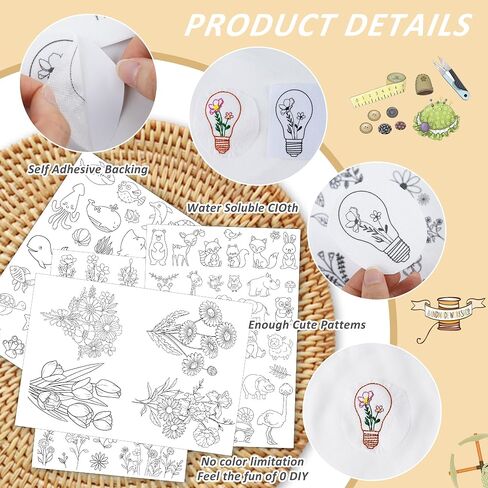 Stick & Stitch Embroidery Transfer Paper - 4 Sheet Water Soluble Stabilizer for Embroidery, Embroidery Paper Wash Away, Butterfly Flower Woodland Under The Sea Animal Design, Hand Sewing Crafts in Saudi Arabia