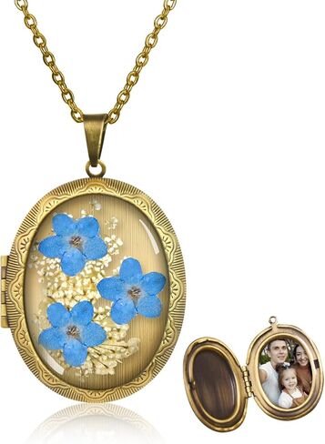 Forget-Me-Not and Queen Anne's Lace Pressed Wildflower Necklace | Handmade Oval Shaped Photo Locket Necklace,Gold Pressed Flower Necklace | Personalized Handmade Necklaces in Saudi Arabia