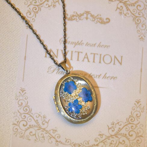 Forget-Me-Not and Queen Anne's Lace Pressed Wildflower Necklace | Handmade Oval Shaped Photo Locket Necklace,Gold Pressed Flower Necklace | Personalized Handmade Necklaces in Saudi Arabia