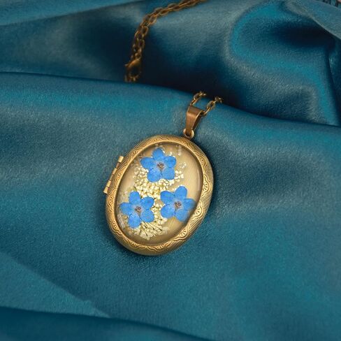 Forget-Me-Not and Queen Anne's Lace Pressed Wildflower Necklace | Handmade Oval Shaped Photo Locket Necklace,Gold Pressed Flower Necklace | Personalized Handmade Necklaces in Saudi Arabia