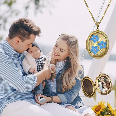 Forget-Me-Not and Queen Anne's Lace Pressed Wildflower Necklace | Handmade Oval Shaped Photo Locket Necklace,Gold Pressed Flower Necklace | Personalized Handmade Necklaces in Saudi Arabia