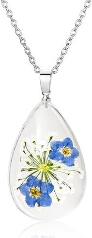 Forget-Me-Not and Queen Anne's Lace Pressed Wildflower Necklace | Handmade Oval Shaped Photo Locket Necklace,Gold Pressed Flower Necklace | Personalized Handmade Necklaces in Saudi Arabia