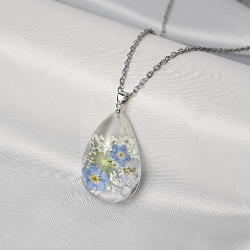 Forget-Me-Not and Queen Anne's Lace Pressed Wildflower Necklace | Handmade Oval Shaped Photo Locket Necklace,Gold Pressed Flower Necklace | Personalized Handmade Necklaces in Saudi Arabia