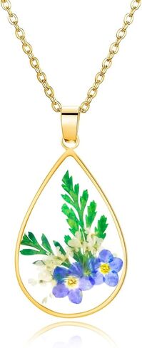 Forget-Me-Not وقلادة الزهرة البرية المضغوطة من الدانتيل للملكة آن | قلادة مدلاة صورة بيضاوية الشكل مصنوعة يدويًا، قلادة زهرة ذهبية مضغوطة | القلائد المصنوعة يدويا شخصية in Kuwait