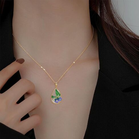 Forget-Me-Not وقلادة الزهرة البرية المضغوطة من الدانتيل للملكة آن | قلادة مدلاة صورة بيضاوية الشكل مصنوعة يدويًا، قلادة زهرة ذهبية مضغوطة | القلائد المصنوعة يدويا شخصية in Kuwait