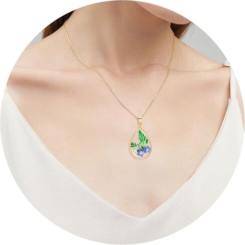 Forget-Me-Not وقلادة الزهرة البرية المضغوطة من الدانتيل للملكة آن | قلادة مدلاة صورة بيضاوية الشكل مصنوعة يدويًا، قلادة زهرة ذهبية مضغوطة | القلائد المصنوعة يدويا شخصية in Kuwait