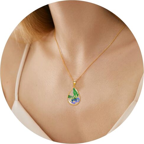 Forget-Me-Not وقلادة الزهرة البرية المضغوطة من الدانتيل للملكة آن | قلادة مدلاة صورة بيضاوية الشكل مصنوعة يدويًا، قلادة زهرة ذهبية مضغوطة | القلائد المصنوعة يدويا شخصية in Kuwait