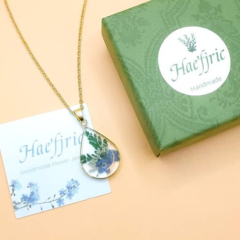 Forget-Me-Not وقلادة الزهرة البرية المضغوطة من الدانتيل للملكة آن | قلادة مدلاة صورة بيضاوية الشكل مصنوعة يدويًا، قلادة زهرة ذهبية مضغوطة | القلائد المصنوعة يدويا شخصية in Kuwait