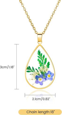 Forget-Me-Not وقلادة الزهرة البرية المضغوطة من الدانتيل للملكة آن | قلادة مدلاة صورة بيضاوية الشكل مصنوعة يدويًا، قلادة زهرة ذهبية مضغوطة | القلائد المصنوعة يدويا شخصية in Kuwait