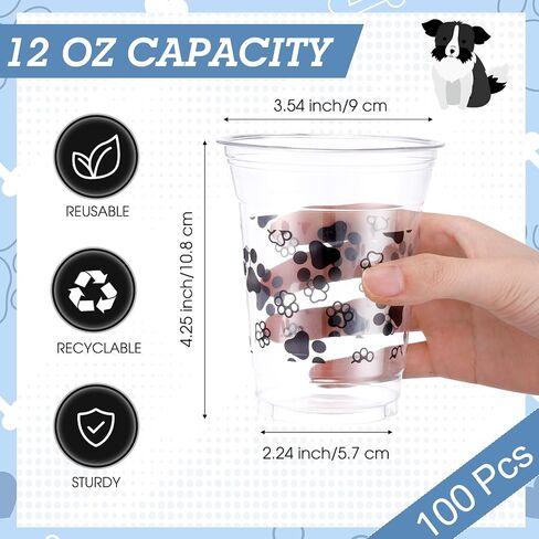 50 Pcs Dog Party Cups Bulk Puppy Paw Print Themed Cups 12 oz Disposable Clear Plastic Birthday Party Cups for Ice Coffee, Smoothie, Juice, Baby Shower Classroom Party Supplies in Kuwait