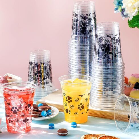 50 Pcs Dog Party Cups Bulk Puppy Paw Print Themed Cups 12 oz Disposable Clear Plastic Birthday Party Cups for Ice Coffee, Smoothie, Juice, Baby Shower Classroom Party Supplies in Kuwait