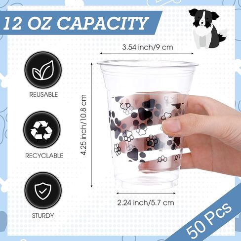 50 Pcs Dog Party Cups Bulk Puppy Paw Print Themed Cups 12 oz Disposable Clear Plastic Birthday Party Cups for Ice Coffee, Smoothie, Juice, Baby Shower Classroom Party Supplies in Kuwait