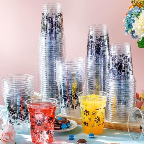 50 Pcs Dog Party Cups Bulk Puppy Paw Print Themed Cups 12 oz Disposable Clear Plastic Birthday Party Cups for Ice Coffee, Smoothie, Juice, Baby Shower Classroom Party Supplies in Kuwait