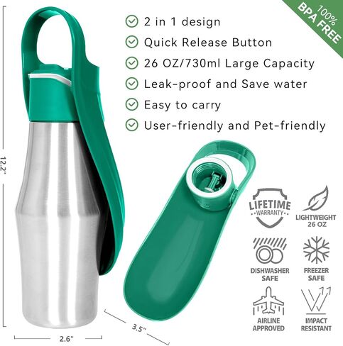Dog Water Bottle, Portable Dog Water Bottle Dispenser - 27 OZ Stainless Steel Leak-Proof Water Bottle for Dogs On The Go, Perfect for Travel, Walking, Hiking and Outdoor Activities (Green) in Saudi Arabia