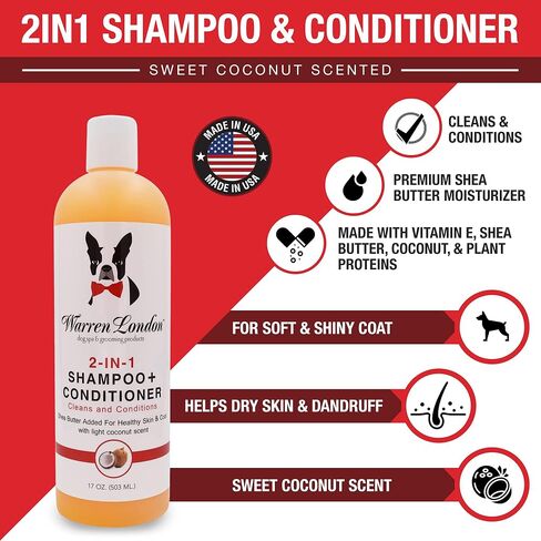 Warren London 2 in1 Pet Shampoo and Conditioner for Dogs, Puppys, & Cats | Best Dog Shampoo and Conditioner for Dry Itchy Skin | Dandruff Shampoo for Cats & Dogs | Made in USA | 17oz in Kuwait
