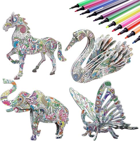 KAZOKU Crafts for Girls Ages 8-12 3D Coloring Puzzles Toys 4 Animals Puzzles with 12 Pen Markers Creative Arts and Crafts Kits for Kids Ages 8 9 10 11 12 Birthday Children's Day for Grils Boys in Saudi Arabia