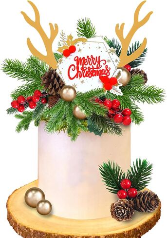Christmas Cake Topper Deer Elk Cake Decorations with Pine Tree Pine Cones Golden Ball for Xmas Winter Holiday Cake Decor Christmas Theme Party Supplies (Style 1) in Kuwait