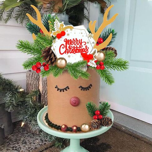 Christmas Cake Topper Deer Elk Cake Decorations with Pine Tree Pine Cones Golden Ball for Xmas Winter Holiday Cake Decor Christmas Theme Party Supplies (Style 1) in Kuwait