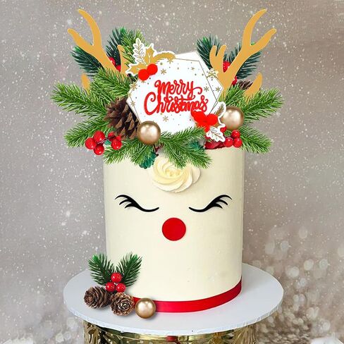 Christmas Cake Topper Deer Elk Cake Decorations with Pine Tree Pine Cones Golden Ball for Xmas Winter Holiday Cake Decor Christmas Theme Party Supplies (Style 1) in Kuwait