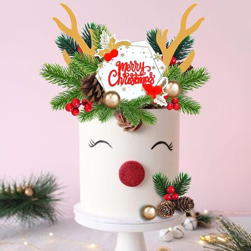 Christmas Cake Topper Deer Elk Cake Decorations with Pine Tree Pine Cones Golden Ball for Xmas Winter Holiday Cake Decor Christmas Theme Party Supplies (Style 1) in Kuwait