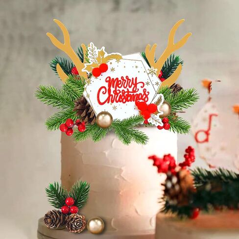 Christmas Cake Topper Deer Elk Cake Decorations with Pine Tree Pine Cones Golden Ball for Xmas Winter Holiday Cake Decor Christmas Theme Party Supplies (Style 1) in Kuwait