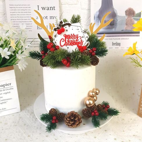 Christmas Cake Topper Deer Elk Cake Decorations with Pine Tree Pine Cones Golden Ball for Xmas Winter Holiday Cake Decor Christmas Theme Party Supplies (Style 1) in Kuwait