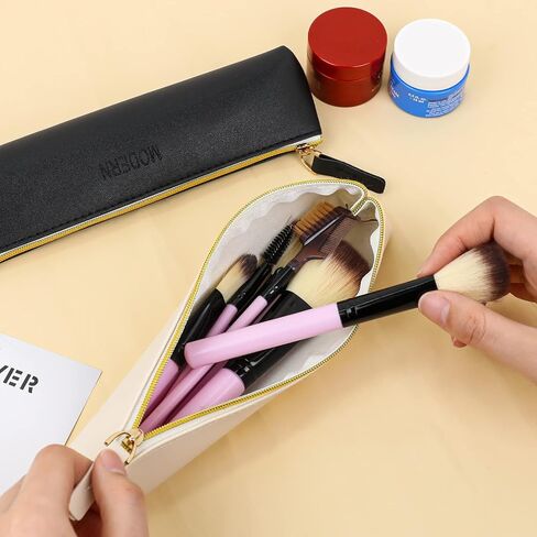 حقيبة أقلام رصاص جلدية قطعتين من Vin Beauty، حقيبة أقلام رصاص صغيرة بتصميم نحيف وحقيبة أقلام رصاص بسحاب وحقيبة أدوات مكتبية للأقلام وأقلام الرصاص وأقلام التحديد (أسود وبيج) in Kuwait