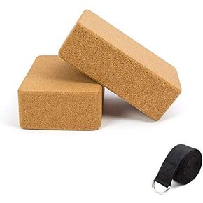 Cork Yoga Blocks, 2 Pack, with 1 Yoga Strap, High Density Solid Natural Cork Yoga Brick with Comfortable Edge to Improve Balance, Strength and Flexibility