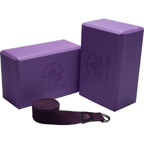 Clever Yoga Blocks 2 Pack with Strap - Extra Light Weight Sweat Repelling Foam Yoga Block Set with Cotton 8ft Yoga Stretch Strap - Yoga Block and Strap Set Kit for Beginner to Pro - Exercise Accessories for Stretching, Balance and Strength