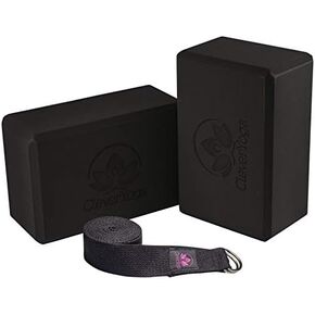 Clever Yoga Blocks 2 Pack with Strap - Extra Light Weight Sweat Repelling Foam Yoga Block Set with Cotton 8ft Yoga Stretch Strap - Yoga Block and Strap Set Kit for Beginner to Pro - Exercise Accessories for Stretching, Balance and Strength