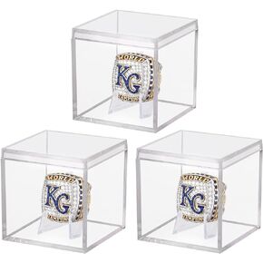 Championship Ring Display Case 3pcs Clear Acrylic Plastic Golf Ball Display Case Small Showcase with Mini Card Stand Holder Square Storage Box for Jewelry Sport Ring Candy Box