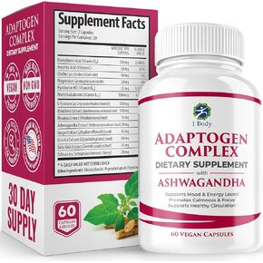 1 Body Adaptogen Complex Supplement with Ashwagandha - Focus and Energy Support Supplement for Men and Women - 60 Vegan Capsules