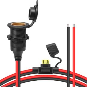 12V/24V Fixable Automotive Cigarette Lighter Socket with Extension Cord, 2.5 Sq. Cable (Approx. 13AWG) Tinned Tail End for Replacement or DIY Replacement DC Power Socket 20A 1ft/0.35m