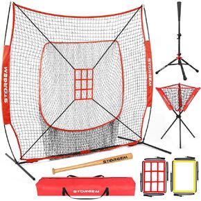 Storgem Baseball and Softball Practice Net 7×7ft Portable Hitting Pitching Batting Training Net Baseball Backstop Net with Batting Tee,Ball Caddy,Baseball Bat and Strike Zone